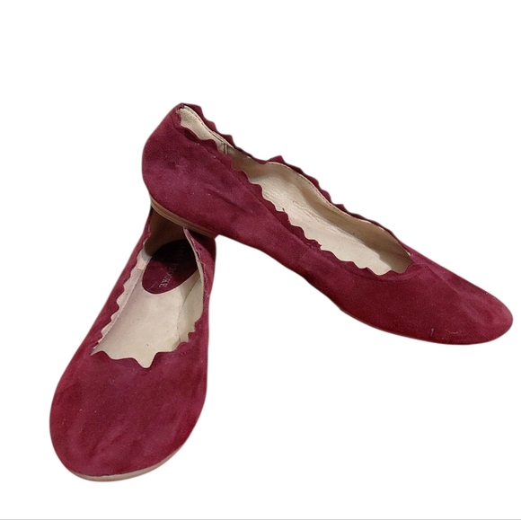 Audrey Brooke Burgundy Suede Ballet Flats Seep Red Scallopped Loafers Suze 7 - Picture 1 of 10